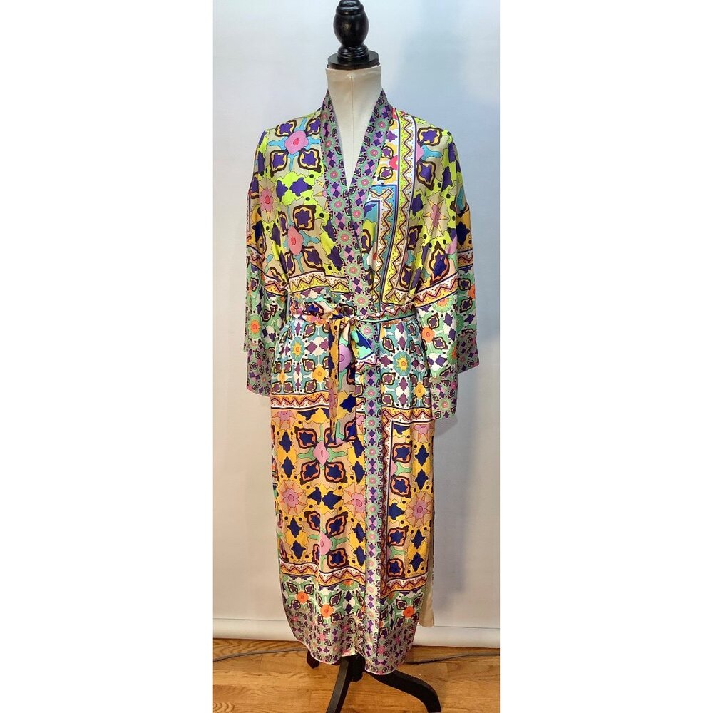 Zara Womens Size S Satin Colorful Long Kimono Robe Boho Festival - Picture 2 of 10